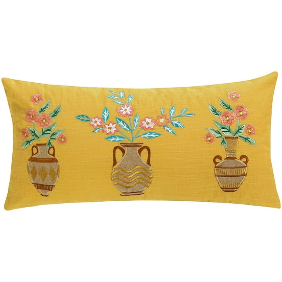 Levtex Home - Napali - Decorative Pillow (12X24in.) - Flowers in pots - Mustard, Brown, Pink and Green
