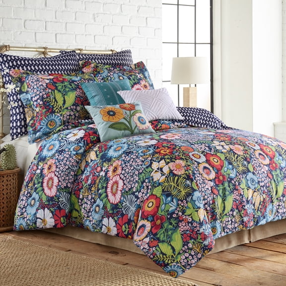 Levtex Home - Night Garden Duvet Set - Twin/Twin XL Duvet Cover (68x88in.) and 1 Standard Sham (20x26in.) - Floral Design - Reversible Geometric Back - Cotton Front and Back - Button Closure