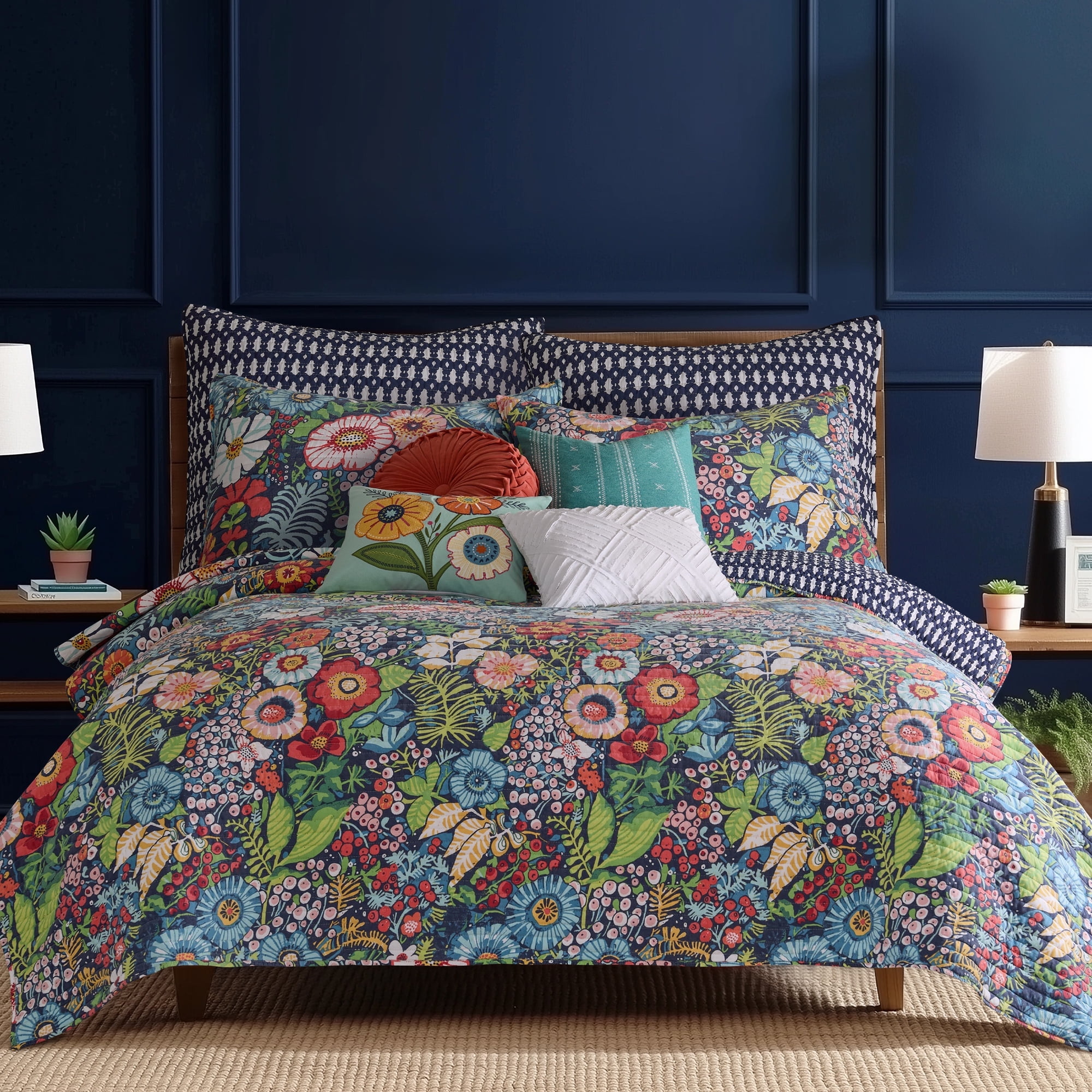 Levtex Home - Night Garden Quilt Set - Full/Queen Quilt and Two Standard Shams - Bold Floral - Navy Red Pink Green Ochre White - Quilt (88x92in.) and Shams (20x26in.) - Reversible - Rayon/Cotton