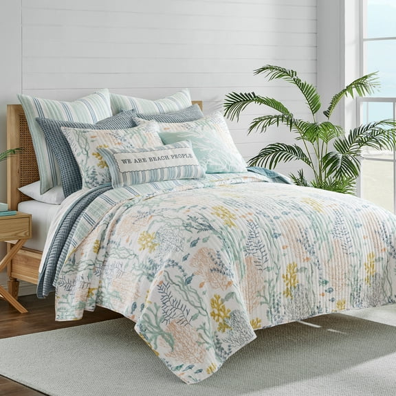 Levtex Home - Ocean Meadow Quilt Set - Twin Quilt and One Standard Sham - Coastal - Teal, Blue, Coral, White and Ochre - Quilt (68x86in.) and Sham (20x26in.) - Reversible - Cotton