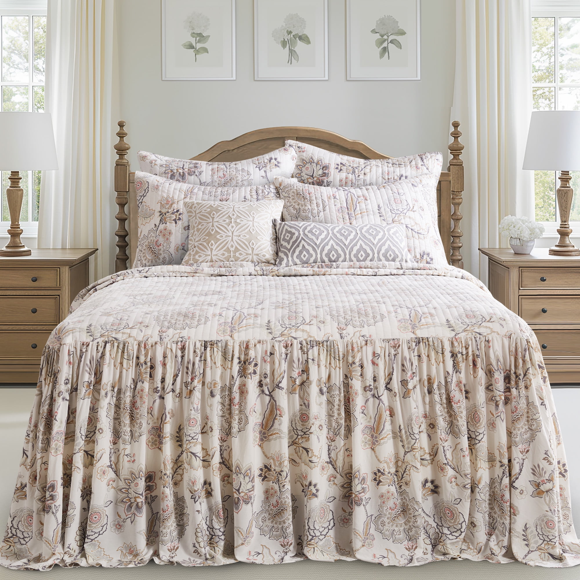 Levtex Home - Ophelia Blush Bedspread Set - Twin Bedspread and One Standard Sham - Floral - Taupe Grey Cream Blush - Bedspread (80x110in.) and Sham (20x26in.) - Rayon/Cotton