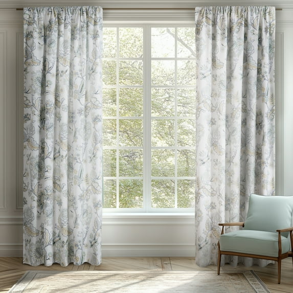 Levtex Home - Ophelia Spa - Drape Panel/Curtain (55x84in.) with Rod Pocket - Floral - Spa Grey Cream Ochre - 55x84in. - Set of 2 - Rayon