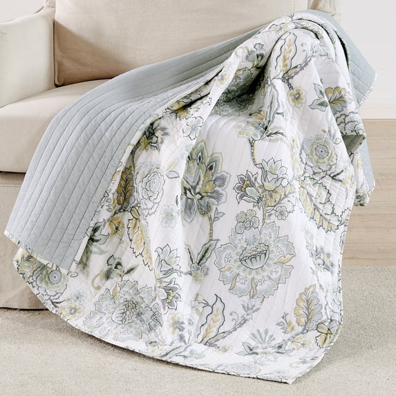 Levtex Home - Ophelia Spa - Throw - Floral - Spa Grey Cream Ochre - Quilt (50x60in.) and Sham 50x60in. - Rayon/Cotton