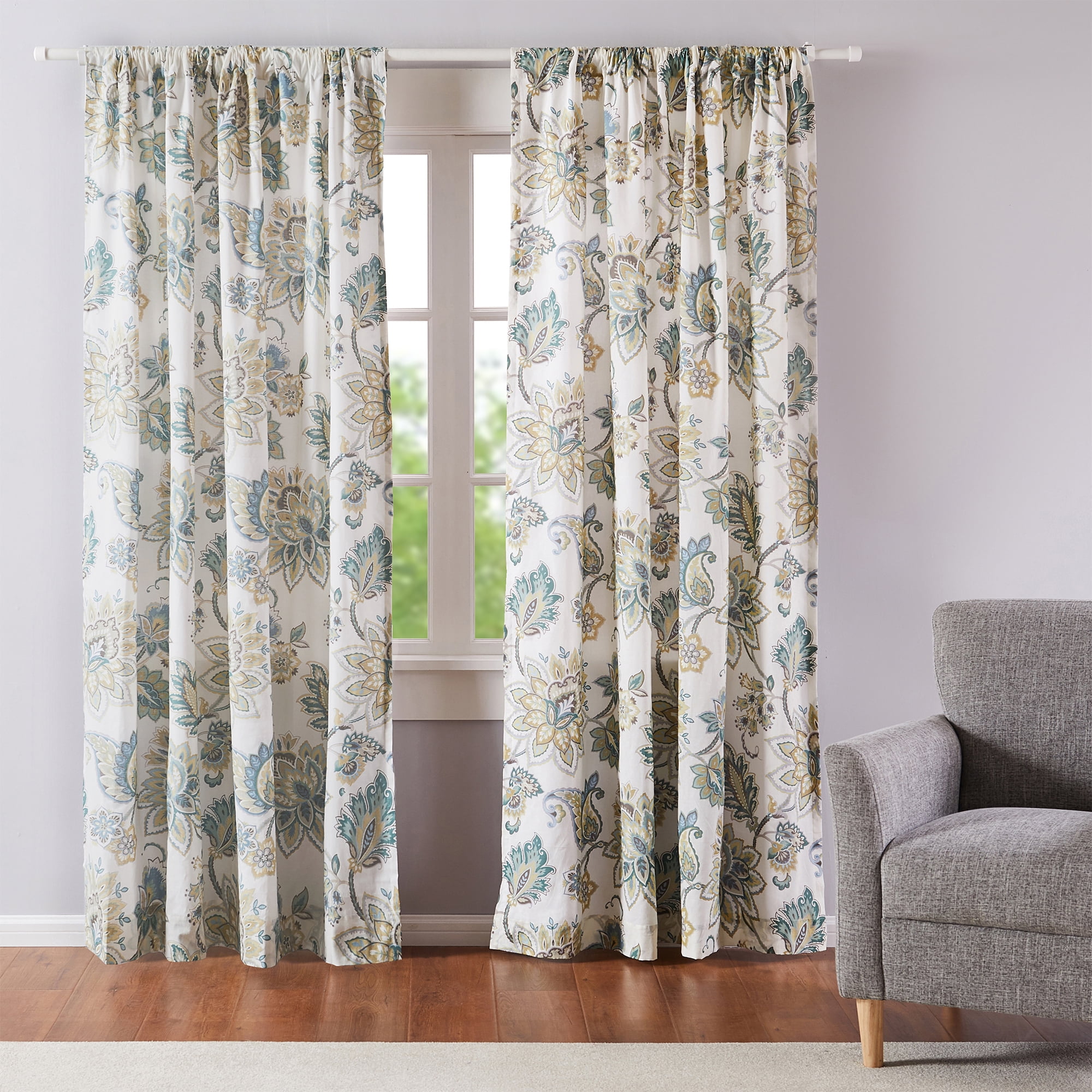 Levtex Home - Palladium Grey - Window Panels with Rod Pocket - Two Curtains 84 inch Length - Jacobean Floral - Grey, Taupe, Turquoise, Brown - 100% Cotton - Lined