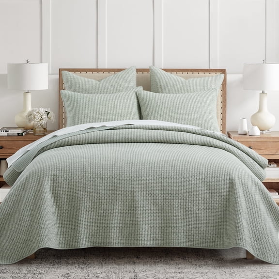 Levtex Home - Pick-Stitch Artisan Sage Quilt Set - King Quilt (106x92in) and 2 King Shams - Textured - Reversible - Cotton