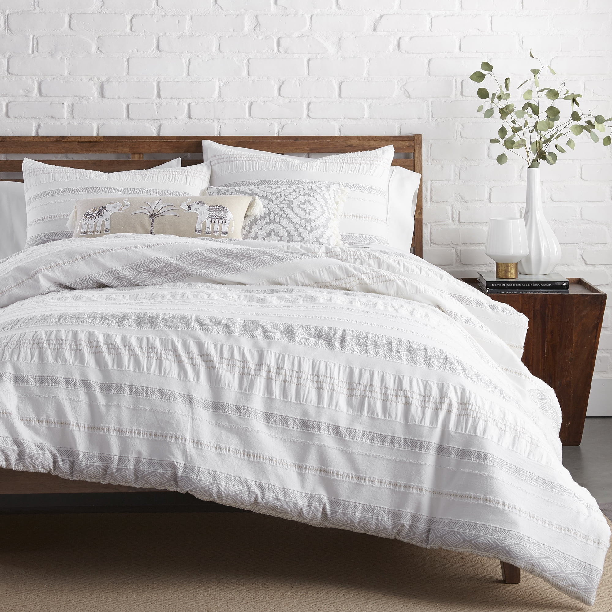 Pickford 3-Piece Grey, Taupe, Cream Stripe, Geometric Cotton Full/Queen Duvet Cover Set