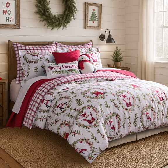 Levtex Home - Pine & Plaid Comforter Set - Twin Comforter (68x88in.) One Sham (20x26in.) - Holiday Wreaths - White Red Green - Reversible - Polyester
