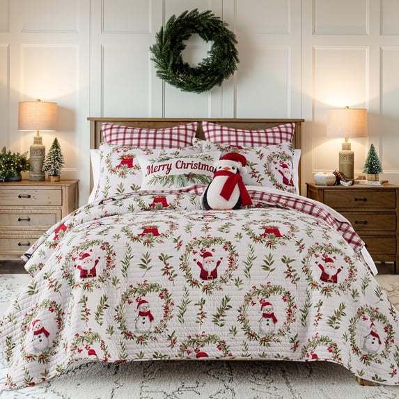 Levtex Home - Pine & Plaid Quilt Set - Twin Quilt and One Standard Sham - Holiday Wreath - Red White Green - Quilt (68x86in.) and Sham (20x26in.) - Reversible - Polyester