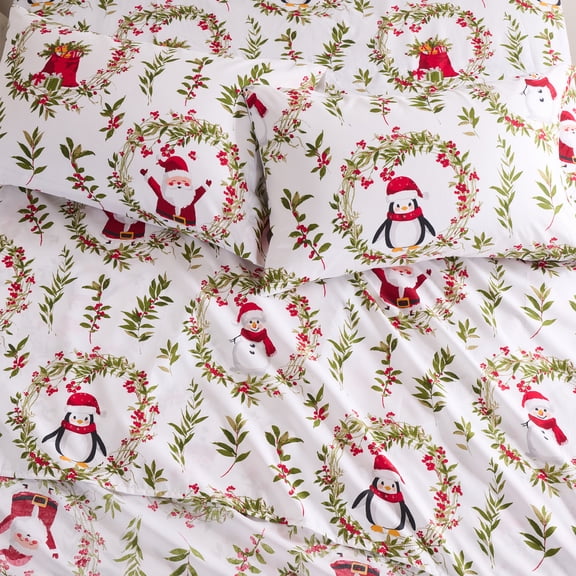 Levtex Home - Pine & Plaid Sheet Set - Twin - Flat Sheet (66x96+3in) Fitted Sheet (39x75+12in) One Pillowcase (21x30+3in) - Santa, Snowman, Penguin & Holiday Wreath - White, Red & Green - Microfiber