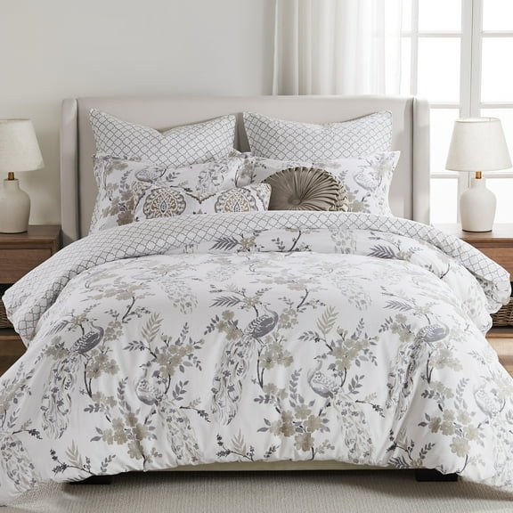 Levtex Home - Pisa Comforter Set - Full/Queen Comforter and Two Standard Pillow Cases - Floral Contemporary Peacock - Grey and Taupe - Comforter (90 x 94in.) and Pillow Case (26 x 20in.) - Cotton