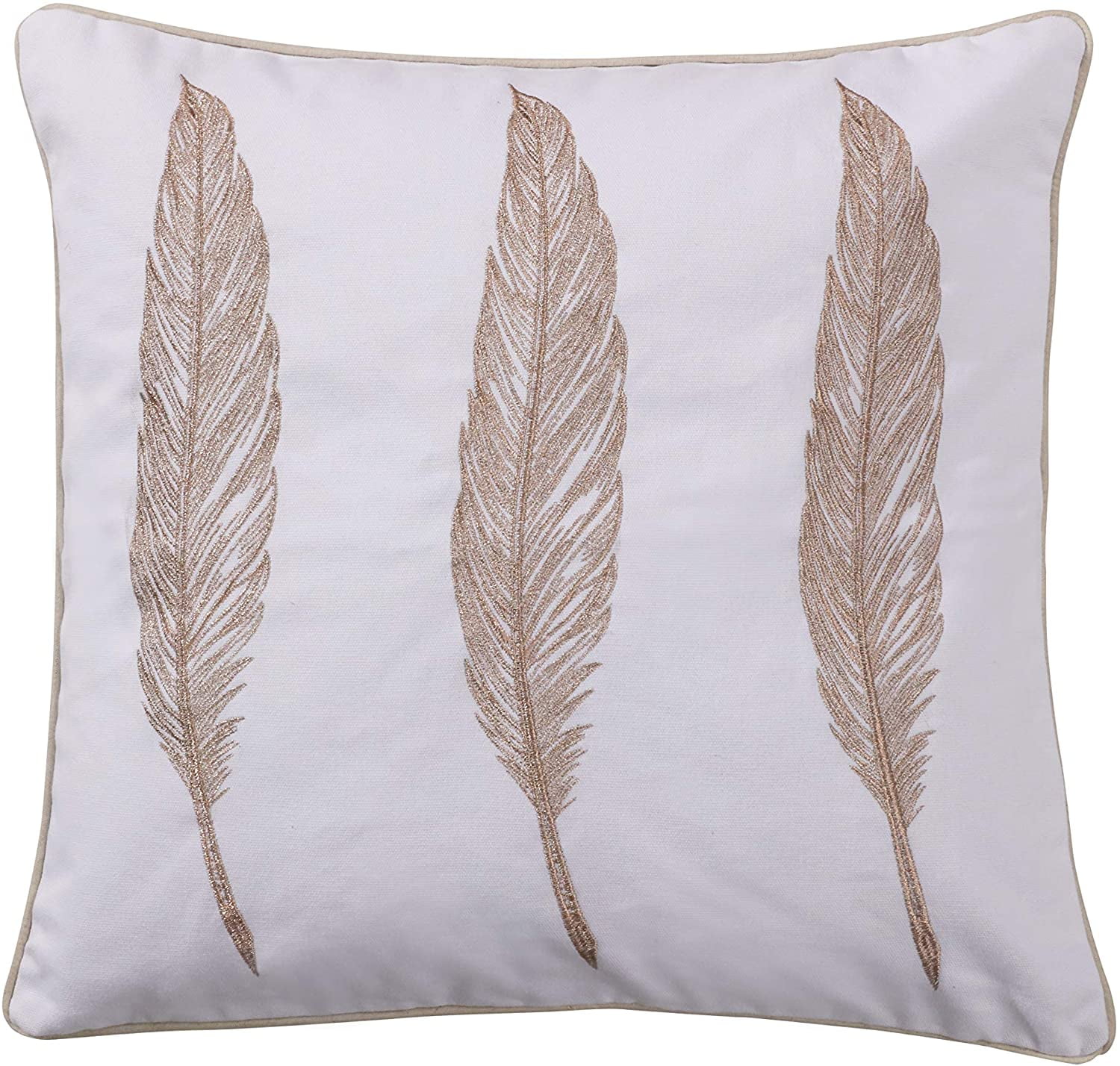 Gold and White Embroidered Feather Square Throw Pillow