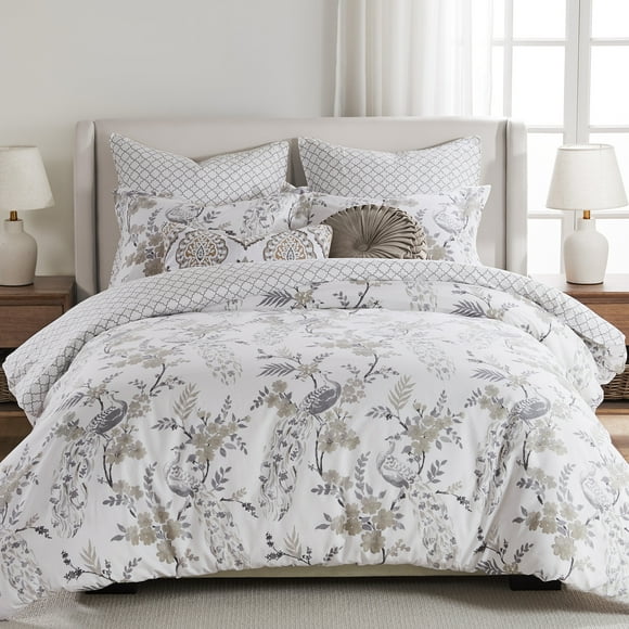 Levtex Home - Pisa Duvet Cover Set - King Duvet Cover + Two King Pillow Cases - Floral Contemporary Peacock - Grey and Taupe - Duvet Cover (106 x 94in.) and Pillow Case (36 x 20in. ) - Cotton