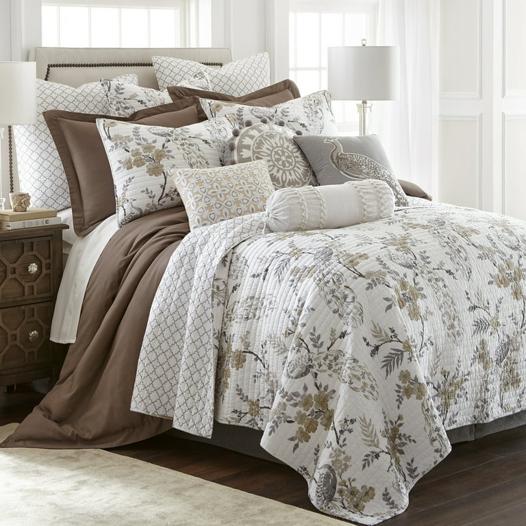 Levtex Home - Pisa Quilt Set - Full/Queen Quilt + Two Standard Pillow Shams  - Floral Contemporary Peacock - Grey and Taupe - Quilt Size (88x92in.) and
