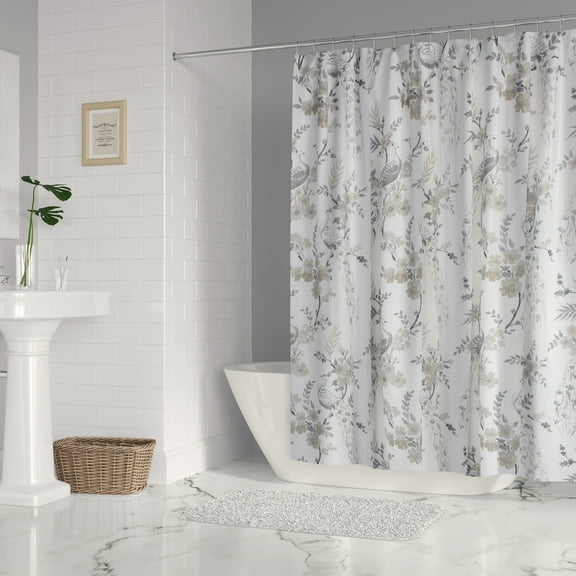 Levtex Home - Pisa - Shower Curtain (72x72in.) with Button Holes - Floral Contemporary Peacock - Grey and Taupe - Blue, Taupe and Cream - Cotton Fabric