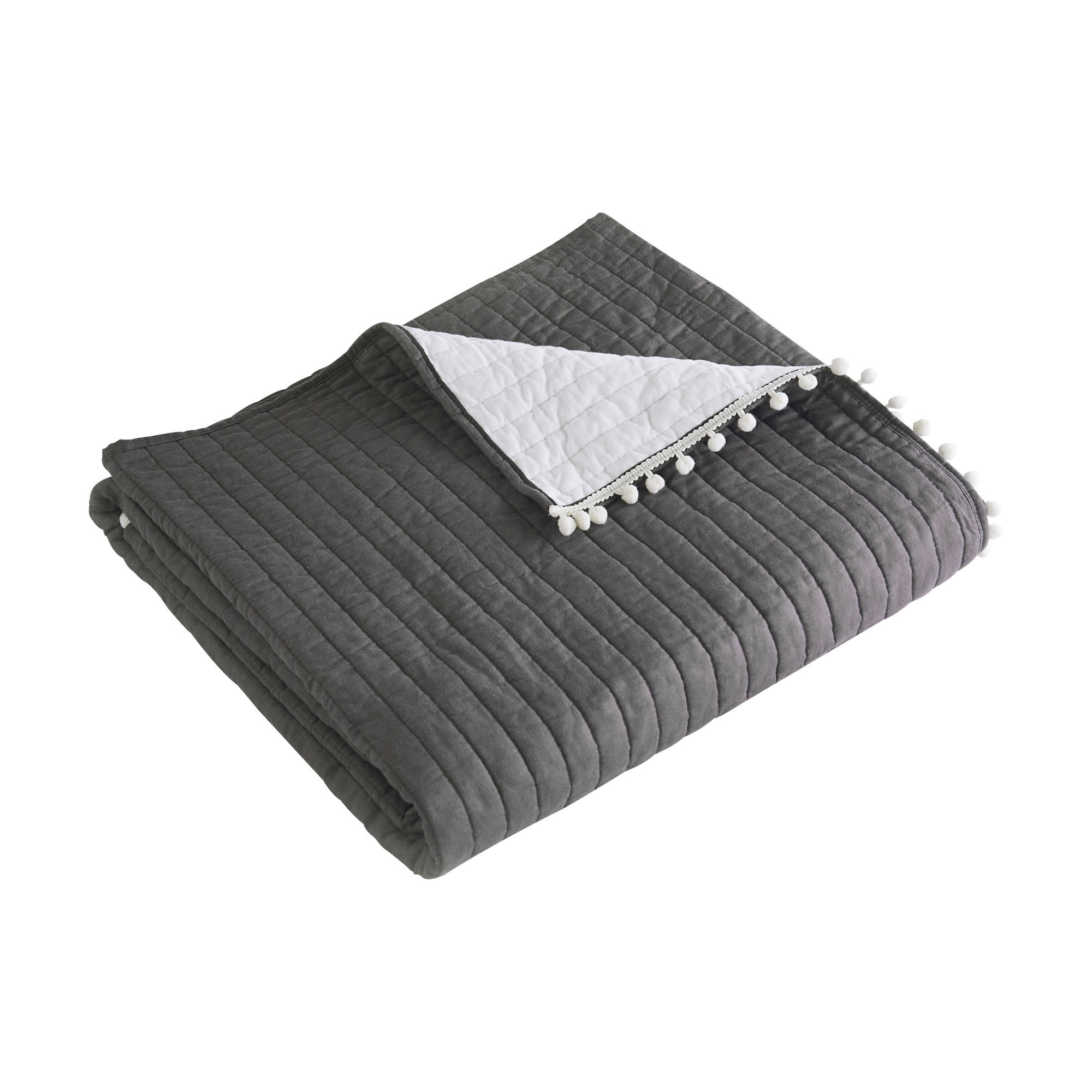Levtex Home - Pom Pom Slate - Throw - Slate with Decorative White Pom Pom Edge - Quilt (50x60in.) and Sham 50x60in. - Cotton/Cotton