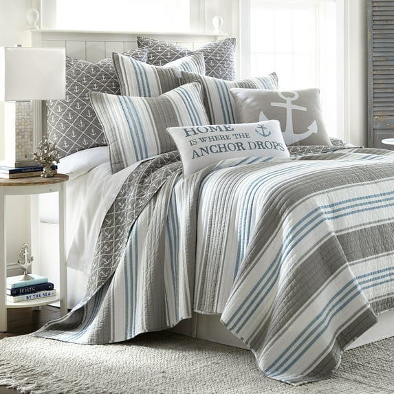 Levtex Home - Provincetown - KIng Quilt (106x92in.) - Coastal Stripes - Grey, White, Blue - Reversible - Cotton Fabric