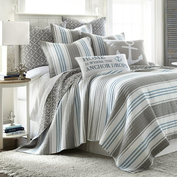 Levtex Home - Provincetown - KIng Quilt (106x92in.) - Coastal Stripes - Grey, White, Blue - Reversible - Cotton Fabric