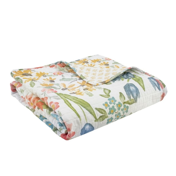 Levtex Home - Radella - Throw - Floral - Red, Yellow, Blue, Teal, Green, White - Quilted Throw (50x60in.) - Cotton