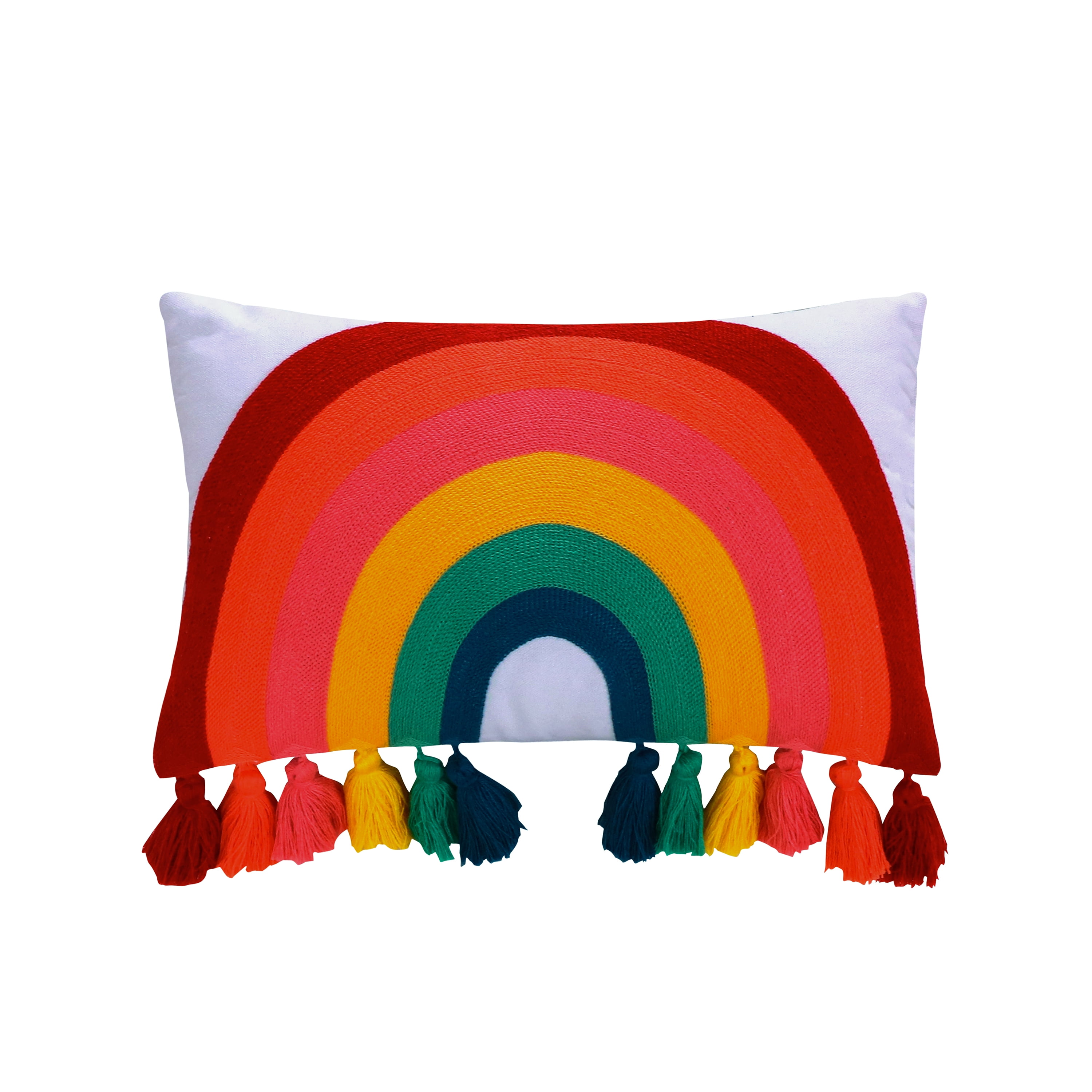 Multicolor Rainbow Embroidered Tassel Rectangular Throw Pillow