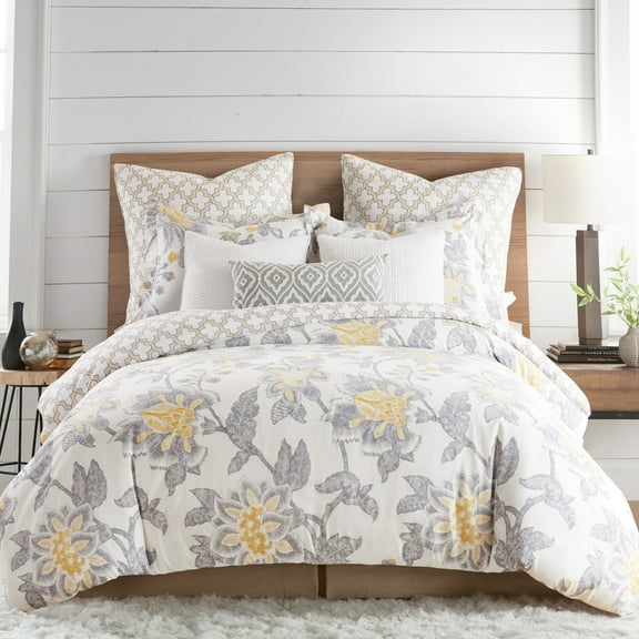 Levtex Home - Reverie Comforter Set - Twin Comforter   One Standard Pillow Cases - Floral - Yellow, Grey, and White - Comforter (68 x 88in.) and Pillow Case (26 x 20in.) - Cotton