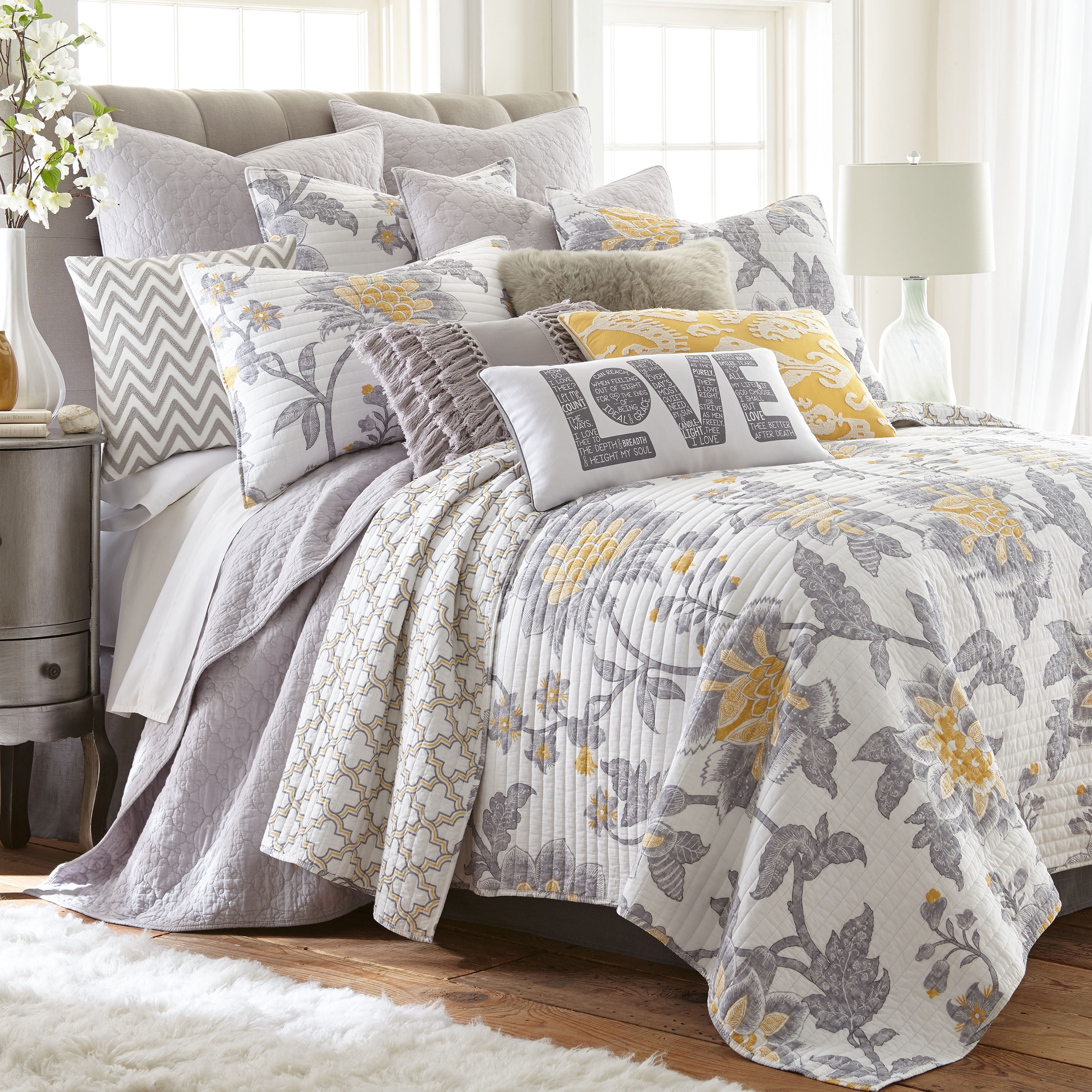 Levtex Home - Reverie Quilt Set - Full/Queen Quilt + Two Standard Pillow Shams - Floral - Yellow, Grey, and White - Quilt Size (88x92in.) and Pillow Sham Size (26x20in.) - Reversible - Cotton Fabric