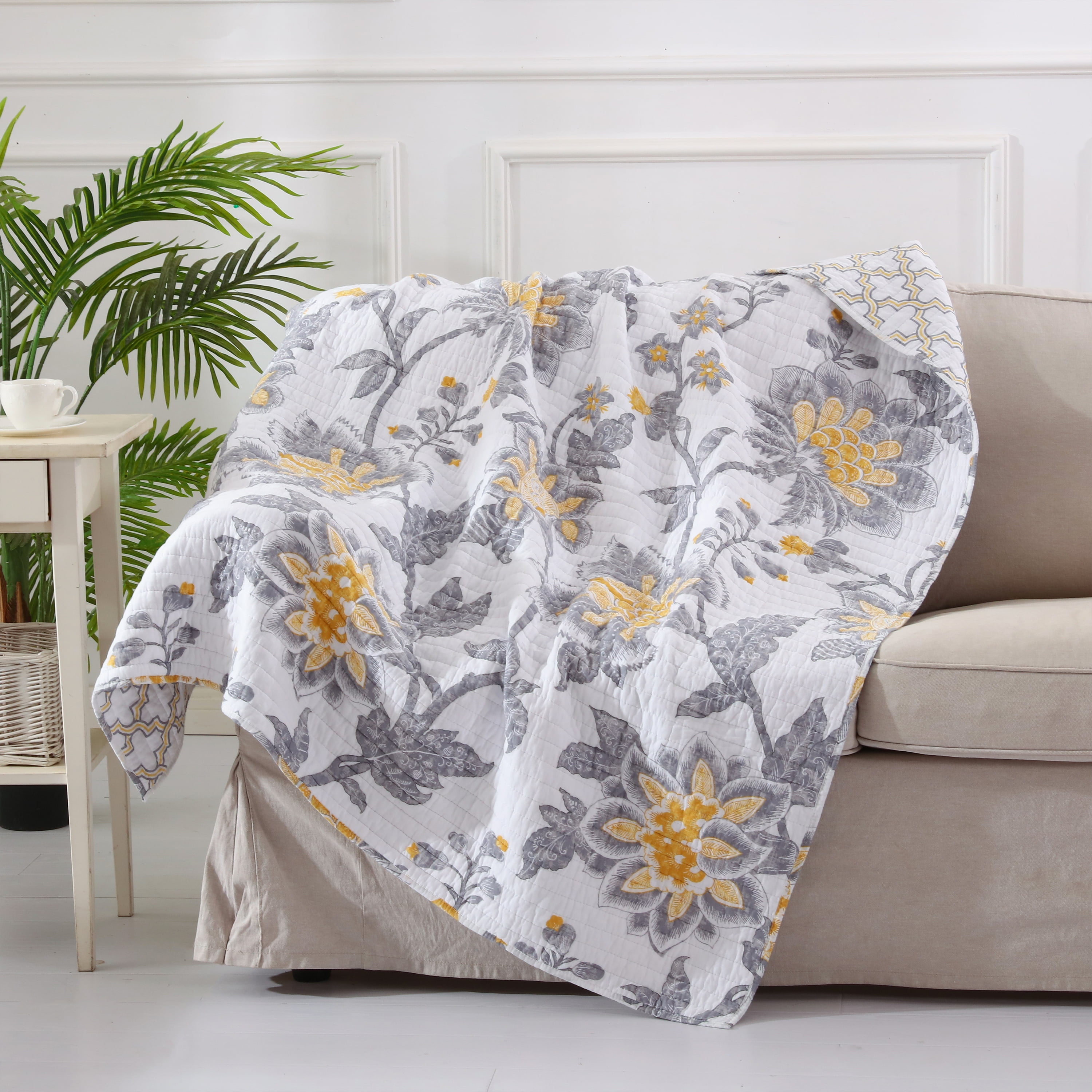 Reversible Floral Cotton Quilted Throw in White, Grey, and Yellow