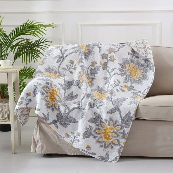 Levtex Home - Reverie Quilted Throw - Floral - Yellow, Grey, and White - Size (50x60in.) - Reversible - Cotton Fabric