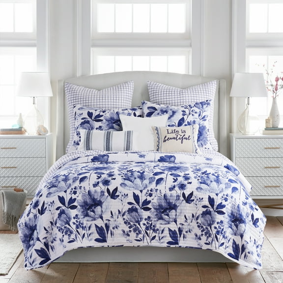 Levtex Home - Riella Garden Quilt Set - Twin Quilt + One Standard Pillow Sham - Blue Floral on White - Quilt Size (68x86in.) and Pillow Sham Size (26x20in.) - Reversible - Cotton Fabric