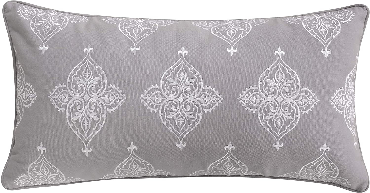 Gray and Ivory Embroidered Rectangular Feather Throw Pillow