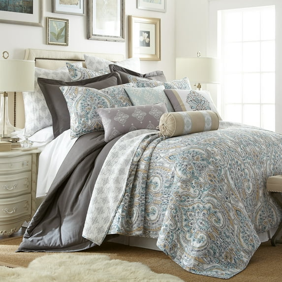 Levtex Home - Rome Quilt Set - King Quilt + Two King Pillow Shams - Paisley - Beige, Blue, and White - Quilt Size (106x92in.) and Pillow Sham Size (36x20in. ) - Reversible - Cotton Fabric