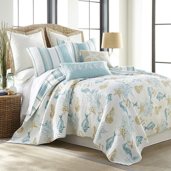 Levtex Home - San Sebastian Quilt Set - Full/Queen Quilt + Two Standard Pillow Shams - Sea Life - Taupe, Aqua Blue, White - Quilt Size (88x92in.) and Pillow Sham Size (26x20in.) - Reversible - Cotton