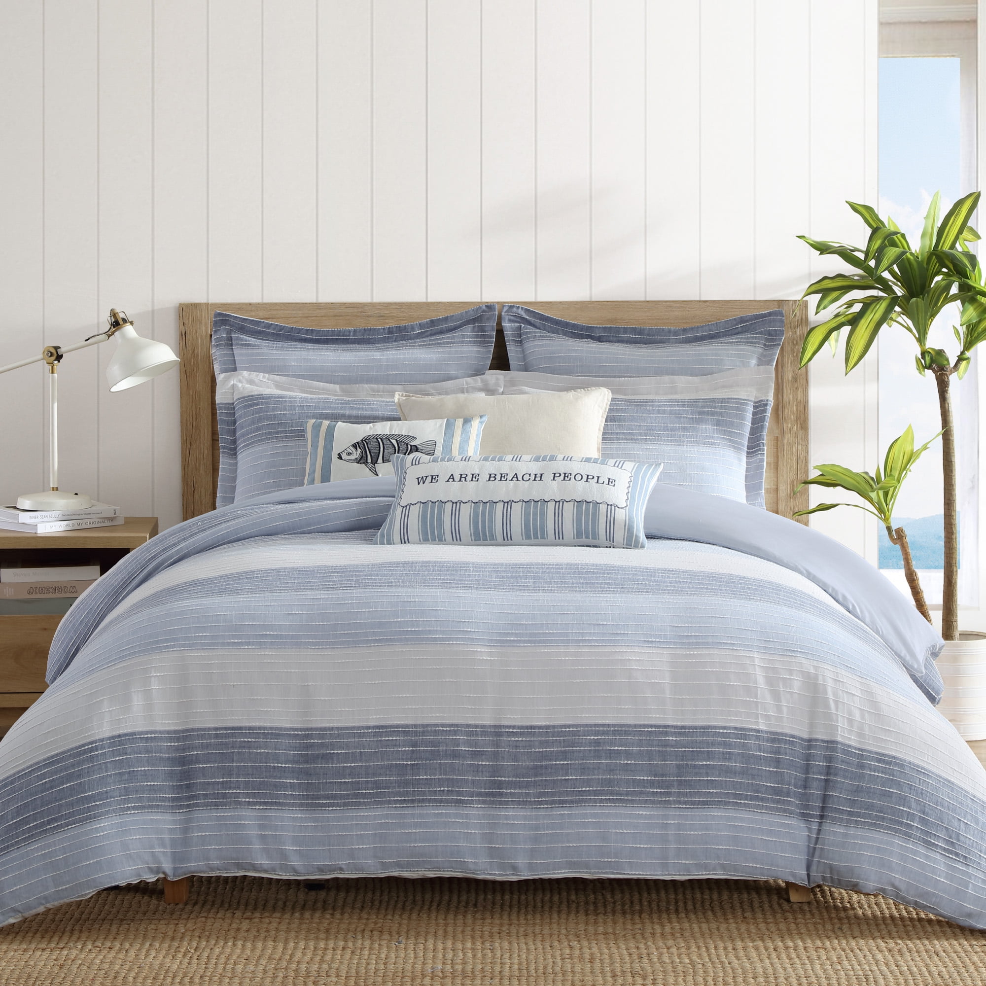 Blue Cotton Twin Bedspread Set with Gradient Stripes