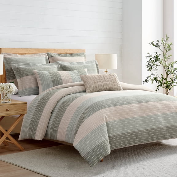 Levtex Home Sand Stripes Sage King Duvet Cover Set (106x94in) with 2 Pillowcases (36x20in) - Woven Jacquard Stripe - Sage, Green, Beige, White - Cotton King Size Duvet Cover Set - Soft, Pre-Washed