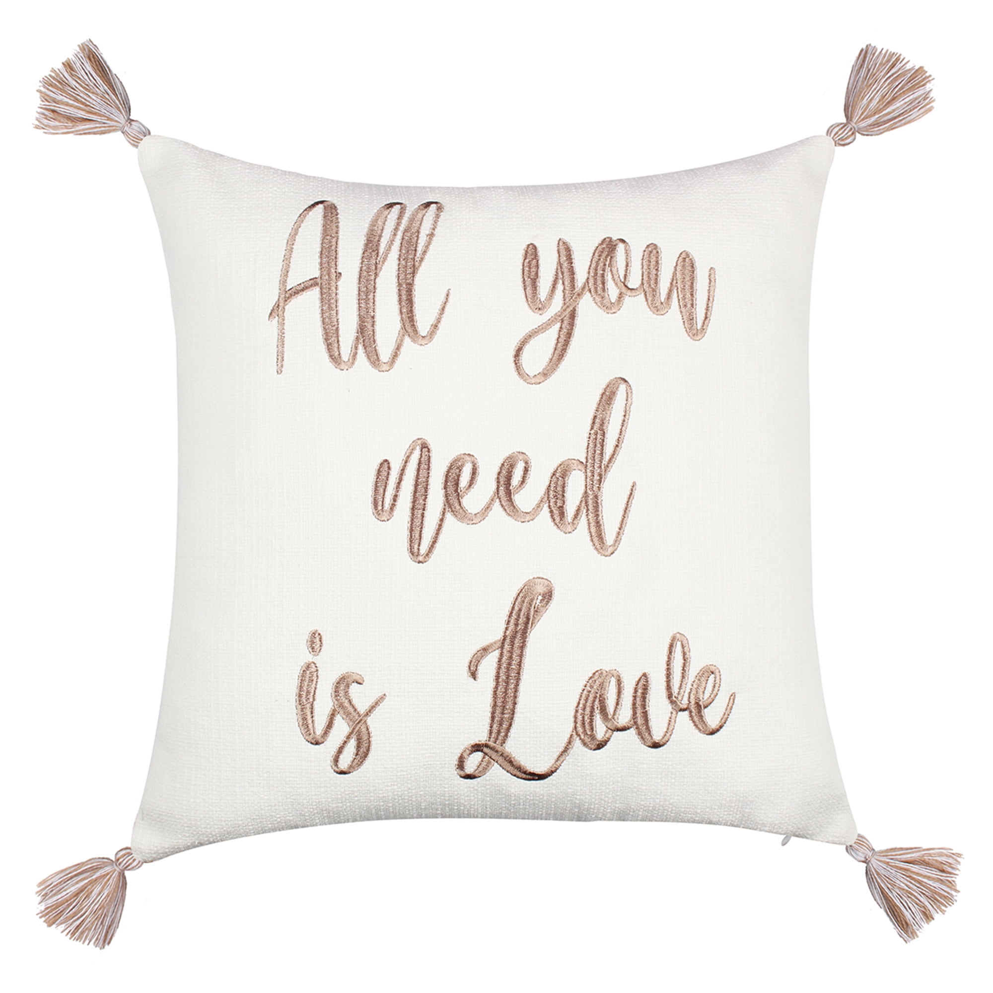 Sanira Cream and Taupe Embroidered Decorative Pillow with Tassels