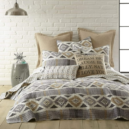 Levtex Home - Santa Fe Quilt - Ikat Pattern in Soft Grey, Cream and Tan - Full/Queen Quilt Size (88 x 92in.) - Reversible Pattern - Cotton - Shams Sold Separately