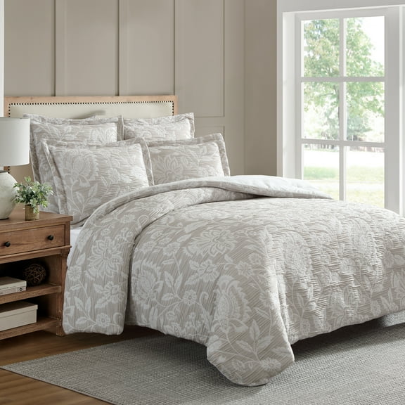 Levtex Home - Sarrah Natural Comforter Set - Full/Queen Comforter + Two Standard Pillow Cases - Floral - Beige Cream - Comforter (90 x 94in.) and Pillow Case (26 x 20in.) - Crinkle Jacquard