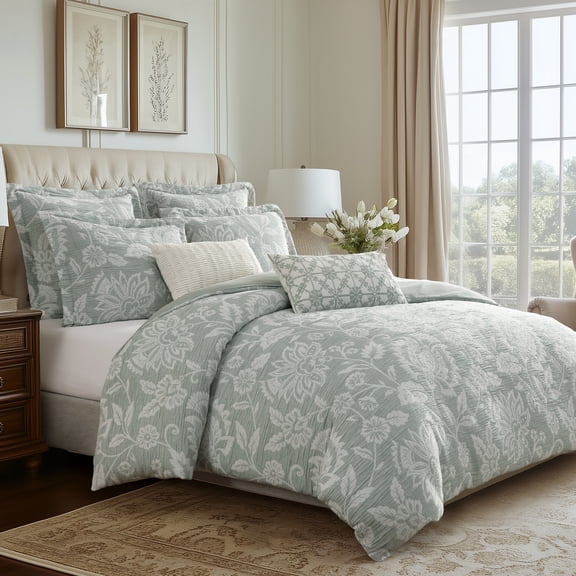 Levtex Home – Sarrah Sage Comforter Set – Full/Queen Comforter (90x94in.) and 2 Standard Sham (20x26in.) – Botanical Floral Design – Sage and White – Reversible – Polyester