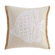 Levtex Home - Seaside Charm Crewel Fish Pillow - 18x18in Decorative Pillow - Coastal Fish Design - Textured Crewel Embroidery - Fringe Trim - Polyester Fill