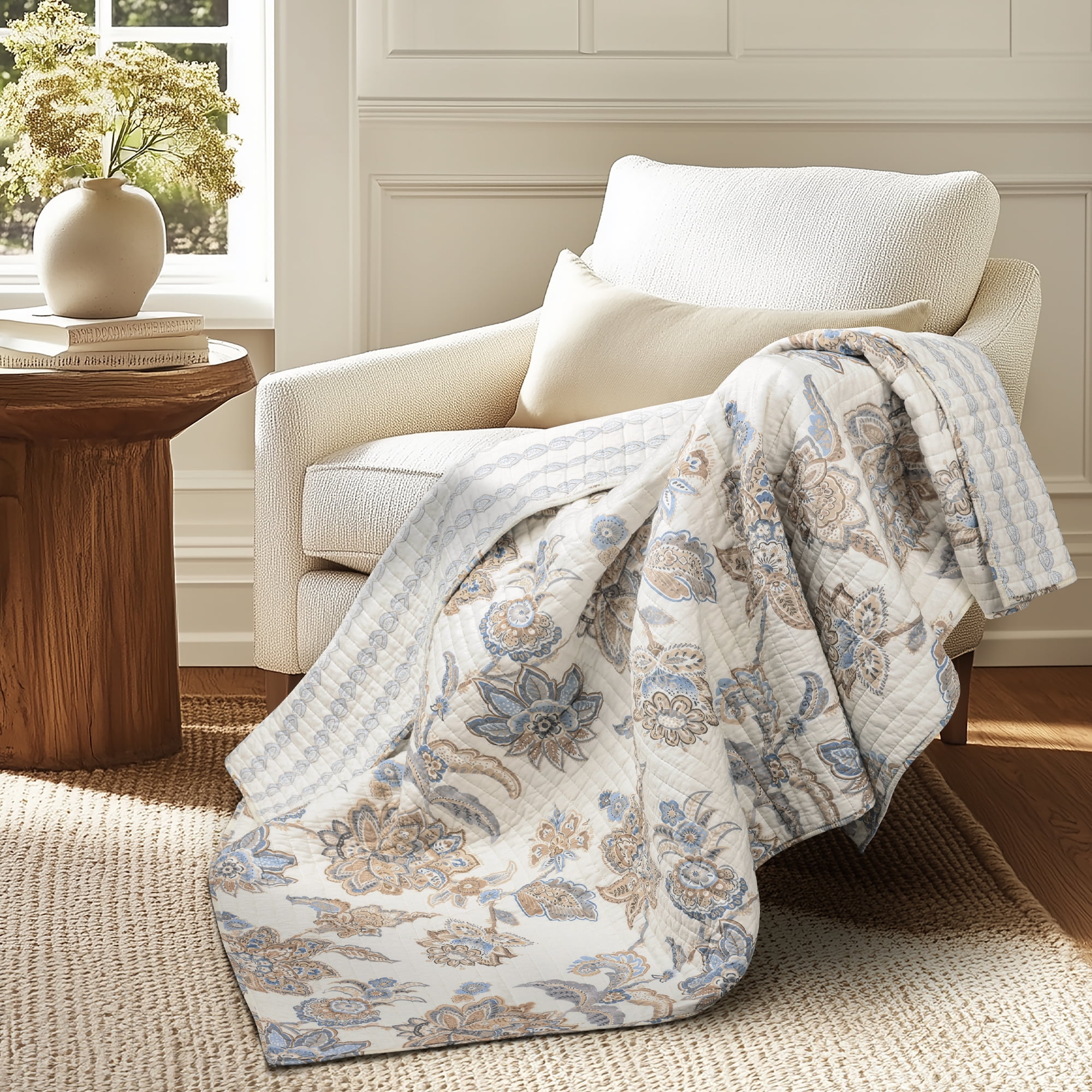 Selesta Blue and Taupe Cotton Reversible Quilted Throw