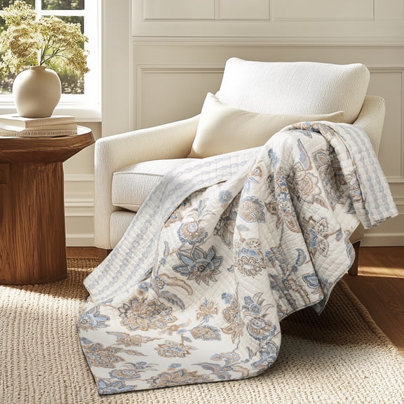 Levtex Home - Selesta Blue - Throw - Floral - Blue Taupe Grey - Quilt (50x60in.) and Sham 50x60in. - Cotton