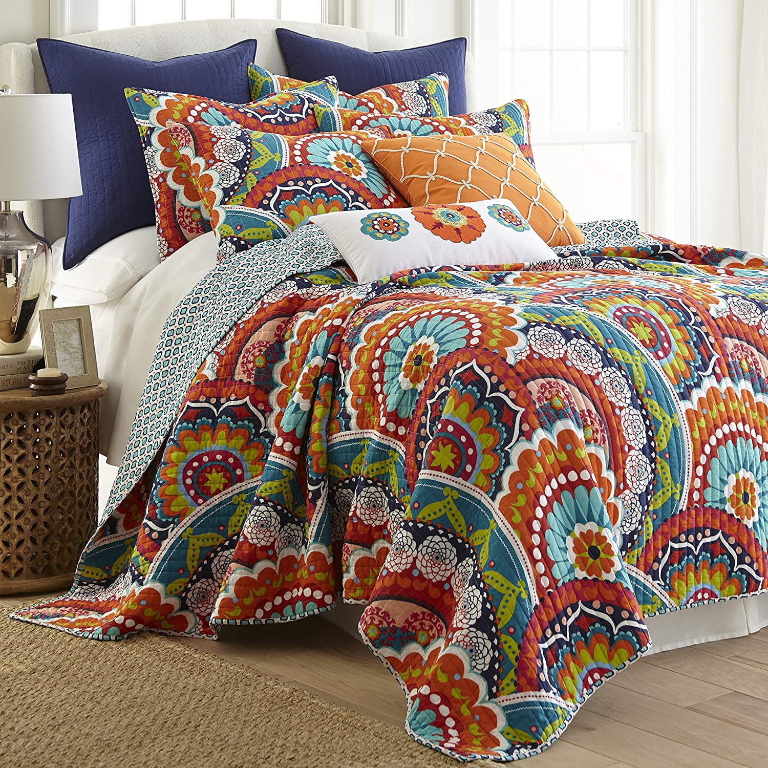 Levtex Home - Serendipity Quilt Set - Full/Queen Quilt + Two Standard Pillow Shams - Boho Floral in Orange Teal Red Blue - Quilt Size (88x92in.) and Pillow Sham Size (26x20in.) - Reversible - Cotton