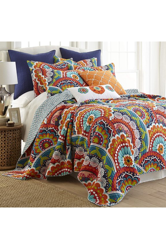 - Serendipity Quilt Set - Full/Queen Quilt + Two Standard Pillow Shams - Boho Floral in Orange Teal Red Blue - Quilt Size (88x92in.) and Pillow Sham Size (26x20in.) - Reversible - Cotton