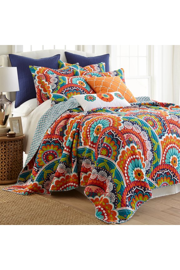 Serendipity Quilt Set King Floral Boho Orange Teal Red Blue (3 Count)