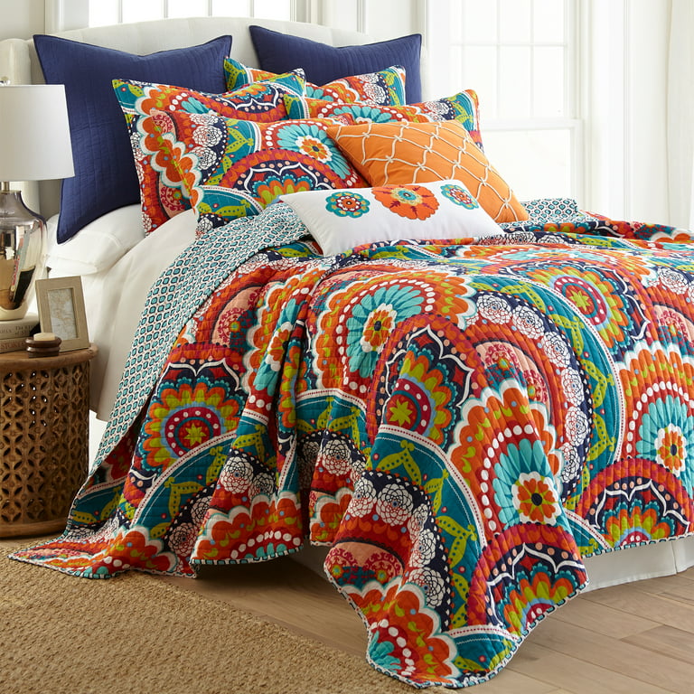 Levtex Home - Serendipity Quilt Set - King Quilt + Two King Pillow Shams -  Boho Floral in Orange Teal Red Blue - Quilt Size (106x92in.) and Pillow