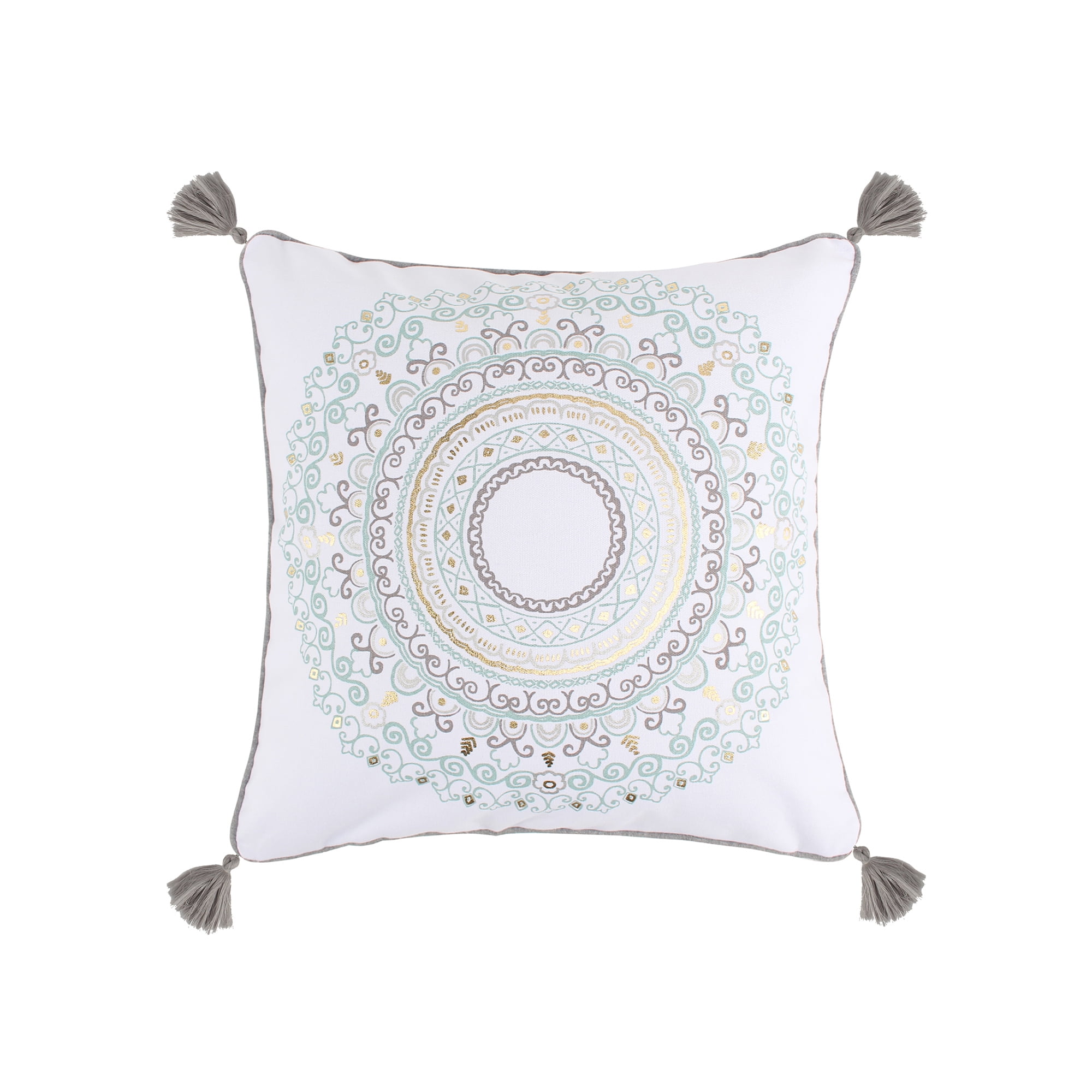 White and Gold Medallion Square Decorative Pillow with Tassels