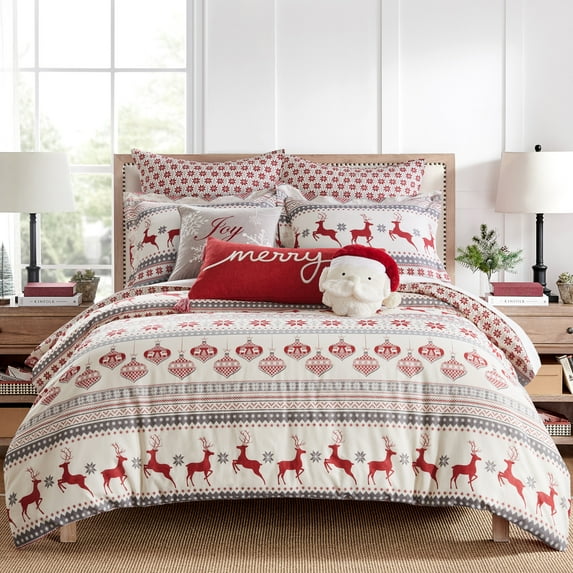 Levtex Home - Silent Night Comforter Set - Full/Queen Comforter + Two Standard Pillow Cases - Fair Isle Deer - Red, Grey, Cream - Comforter (90 x 94in.) and Pillow Case (26 x 20in.) - Cotton