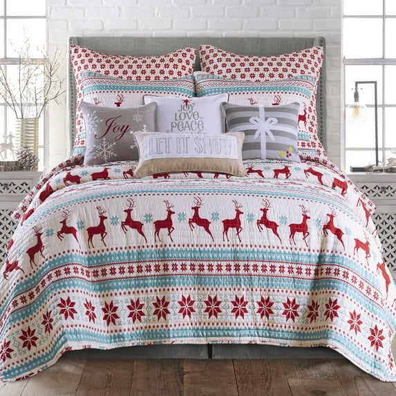Levtex Home - Silent Night Quilt Set - Twin Quilt + One Standard Pillow Sham - Fair Isle Deer - Red, Teal, White - Quilt Size (88x92in.) and Pillow Sham Size (26x20in.) - Reversible - Poly