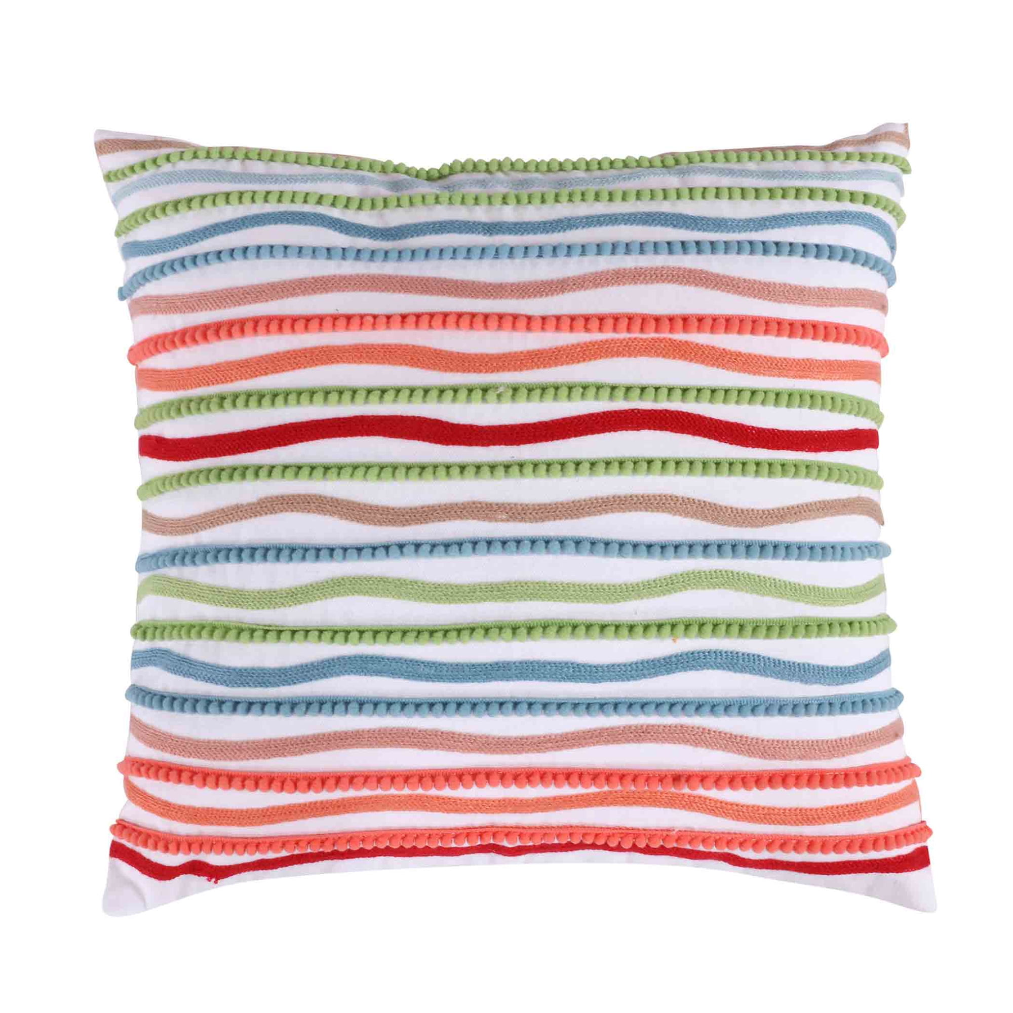 Multicolor Striped Pom Pom Embroidered Nursery Throw Pillow