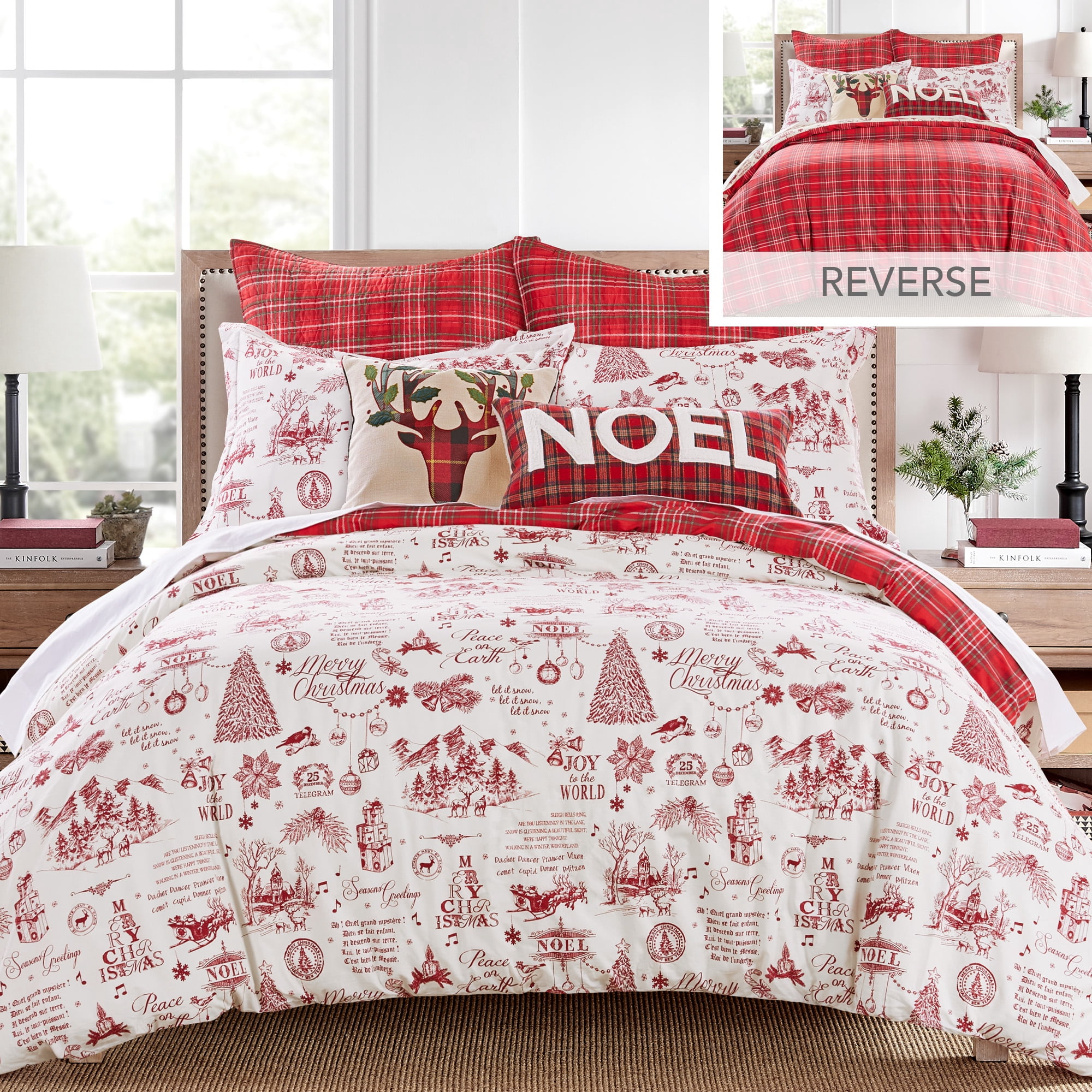 Levtex Home - Yuletide Comforter Set - Twin Comforter + One Standard Pillow Cases - Christmas Holiday Script - Red and Cream - Comforter (68 x 88in.) and Pillow Case (26 x 20in.) - Cotton
