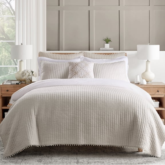 Levtex Home - Pom Pom Quilt - Queen Quilt - Taupe- Quilt (88x92in.) - Reversible - Cotton Fabric